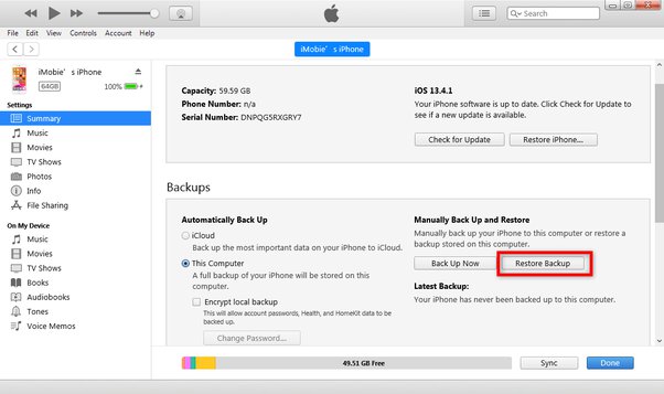 Khôi phục danh bạ iPhone bằng iTunes Backup