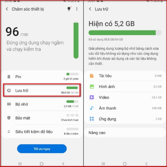 Kiểm tra bộ nhớ lưu trữ samsung