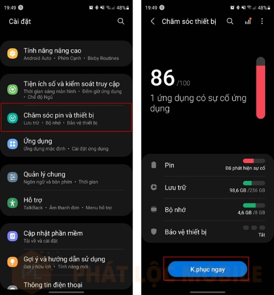 tối ưu hóa pin samsung trước khi cắm sạc